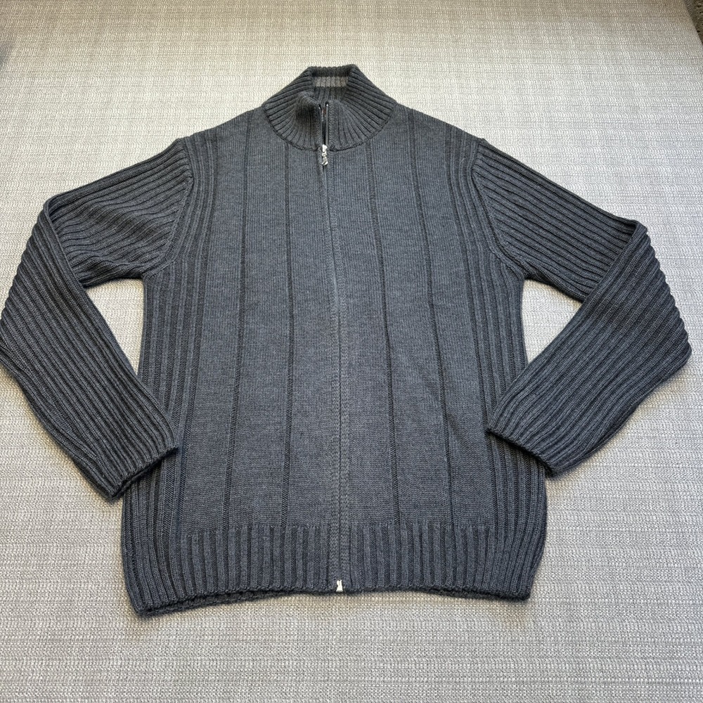 Emozioni Uomo Mens Cardigan Large Gray Wool‎ Blend Full Zip Ribbed Made in Italy